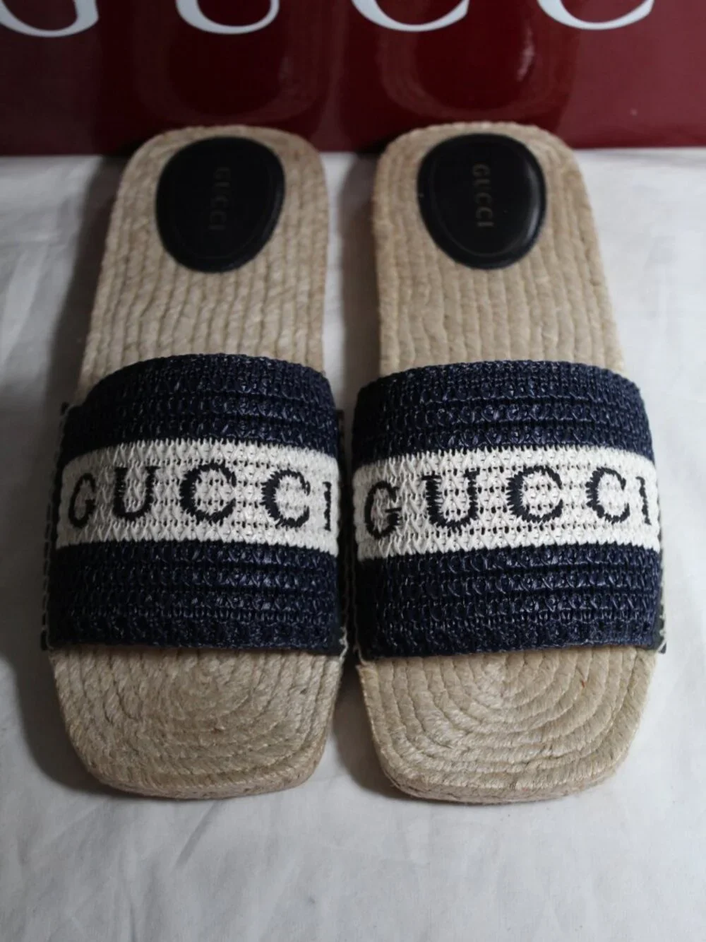 NWB Gucci Macrochet Raffia Logo Flats Slides Espadrille Sandals Blue 40 832456